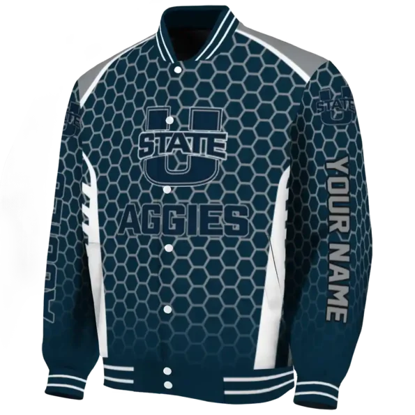 personalized utah state aggies hexagon grid navy varsity jacket best selling