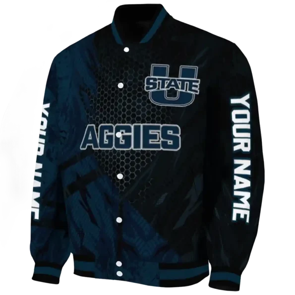personalized utah state aggies hexagon mesh navy black varsity jacket best selling