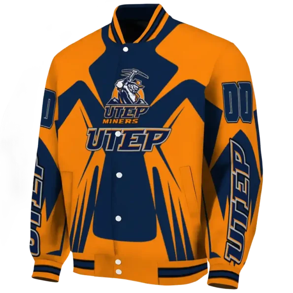 personalized utep miners spider mark blue orange varsity jacket best selling
