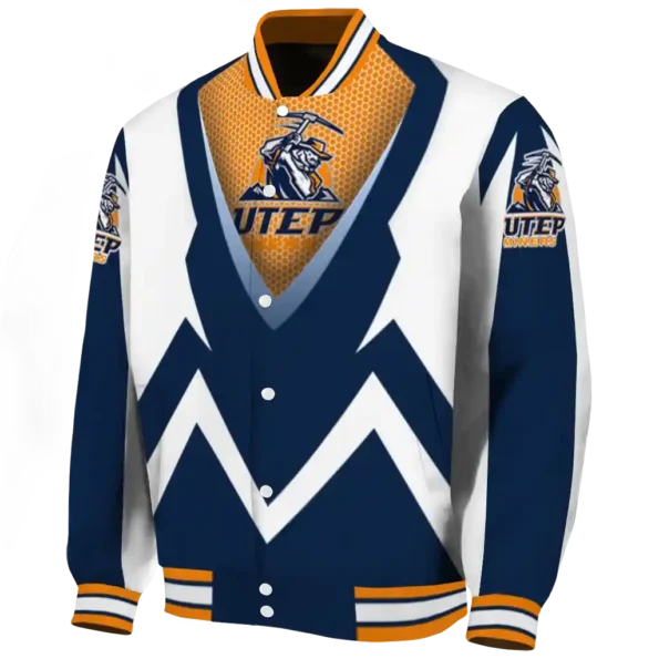 personalized utep miners v stripes blue white varsity jacket best selling