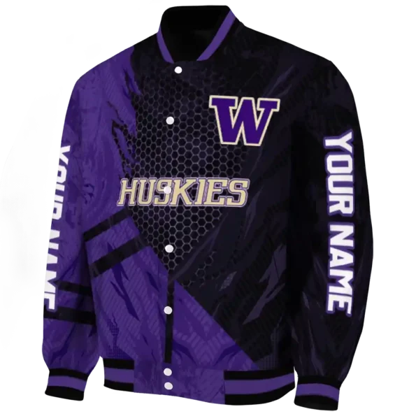 personalized washington huskies hexagon mesh purple black varsity jacket best selling