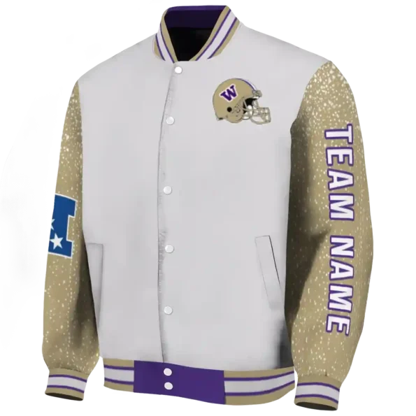 personalized washington huskies speckled arms purple gray varsity jacket best selling