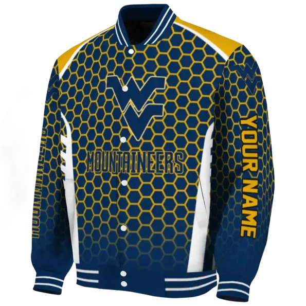 personalized west virginia mountaineers hexagon grid blue varsity jacket best selling