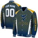 personalized-west-virginia-mountaineers-hexagon-grid-blue-varsity-jacket-best-selling.webp