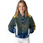 personalized-west-virginia-mountaineers-hexagon-grid-blue-varsity-jacket-best-selling.webp