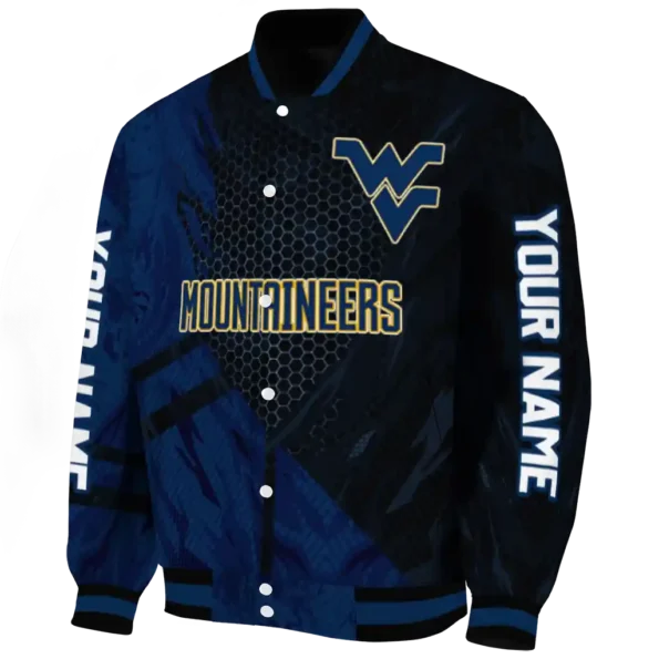 personalized west virginia mountaineers hexagon mesh blue black varsity jacket best selling