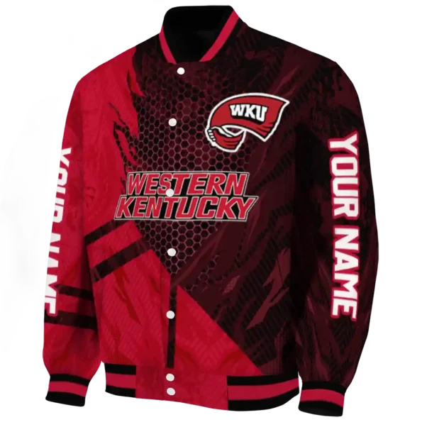 personalized western kentucky hilltoppers hexagon mesh red black varsity jacket best selling