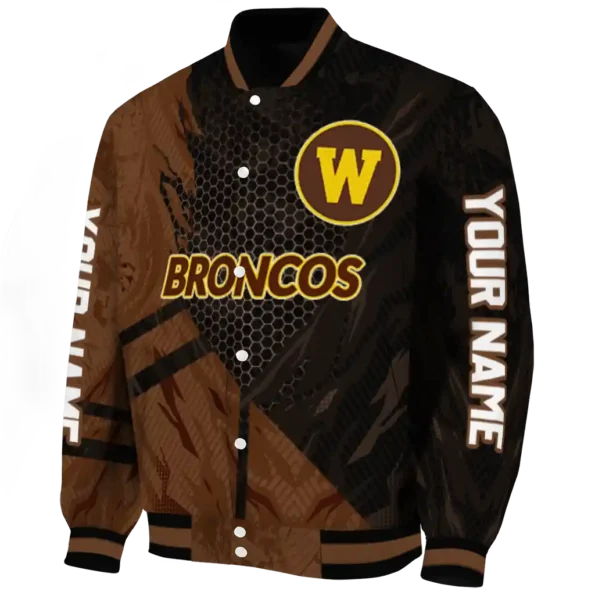 personalized western michigan broncos hexagon mesh brown black varsity jacket best selling