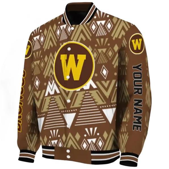 personalized western michigan broncos pyramid shapes brown varsity jacket best selling