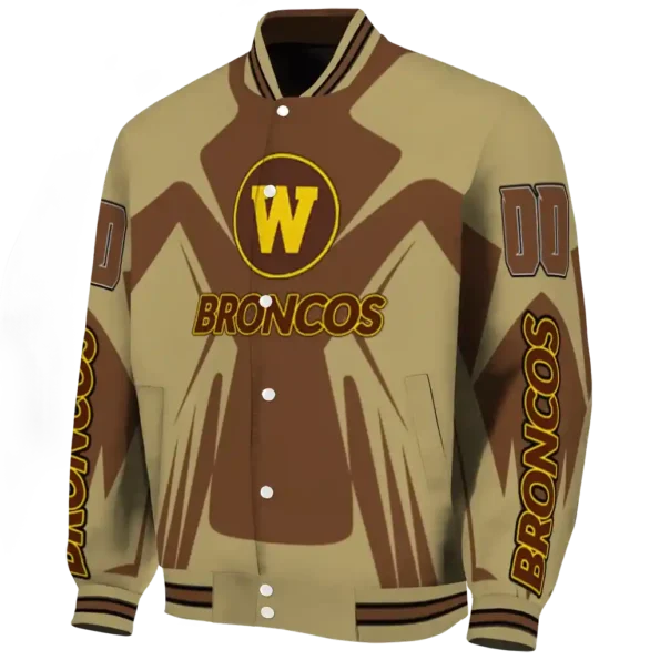 personalized western michigan broncos spider mark brown gold varsity jacket best selling
