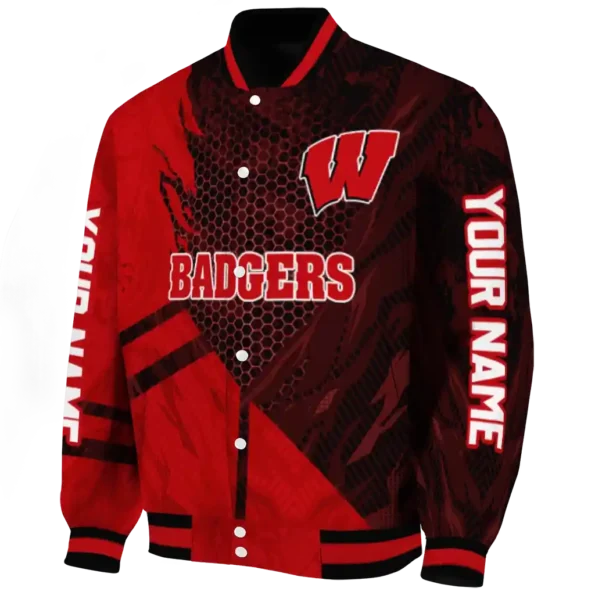 personalized wisconsin badgers hexagon mesh red black varsity jacket best selling