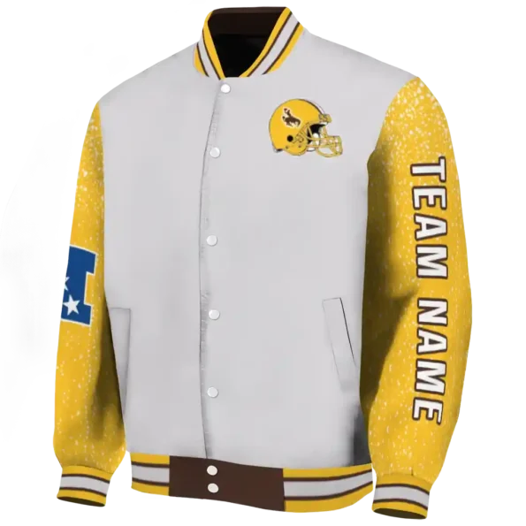 personalized wyoming cowboys speckled arms brown gray varsity jacket best selling