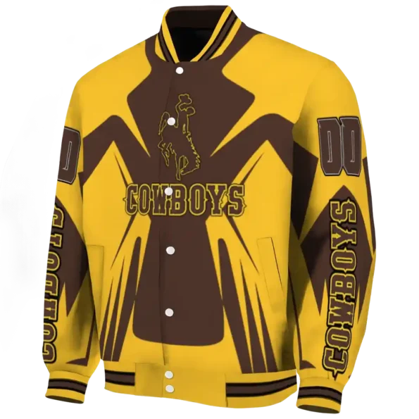 personalized wyoming cowboys spider mark brown gold varsity jacket best selling