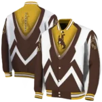 personalized-wyoming-cowboys-v-stripes-brown-white-varsity-jacket-best-selling.webp