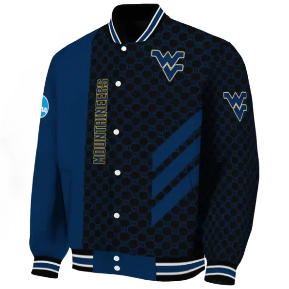 west virginia mountaineers triple side stripes blue black varsity jacket best selling