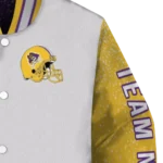 customized east carolina pirates speckled arms purple gray varsity jacket best selling.webp