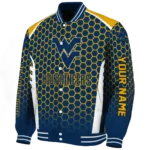 personalized-west-virginia-mountaineers-hexagon-grid-blue-varsity-jacket-best-selling.webp
