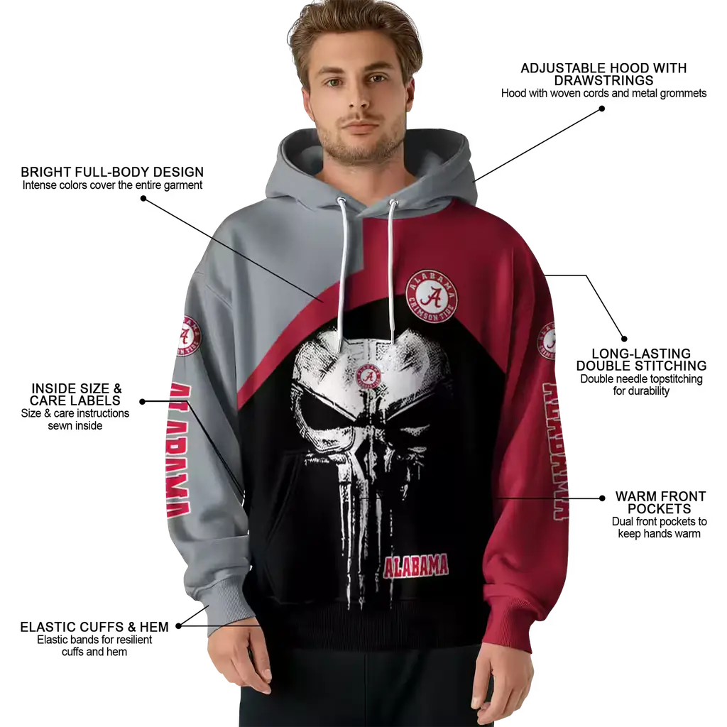 alabama crimson tide skull punisher gray black hoodie latest model alabama crimson tide skull punisher gray black hoodie latest model