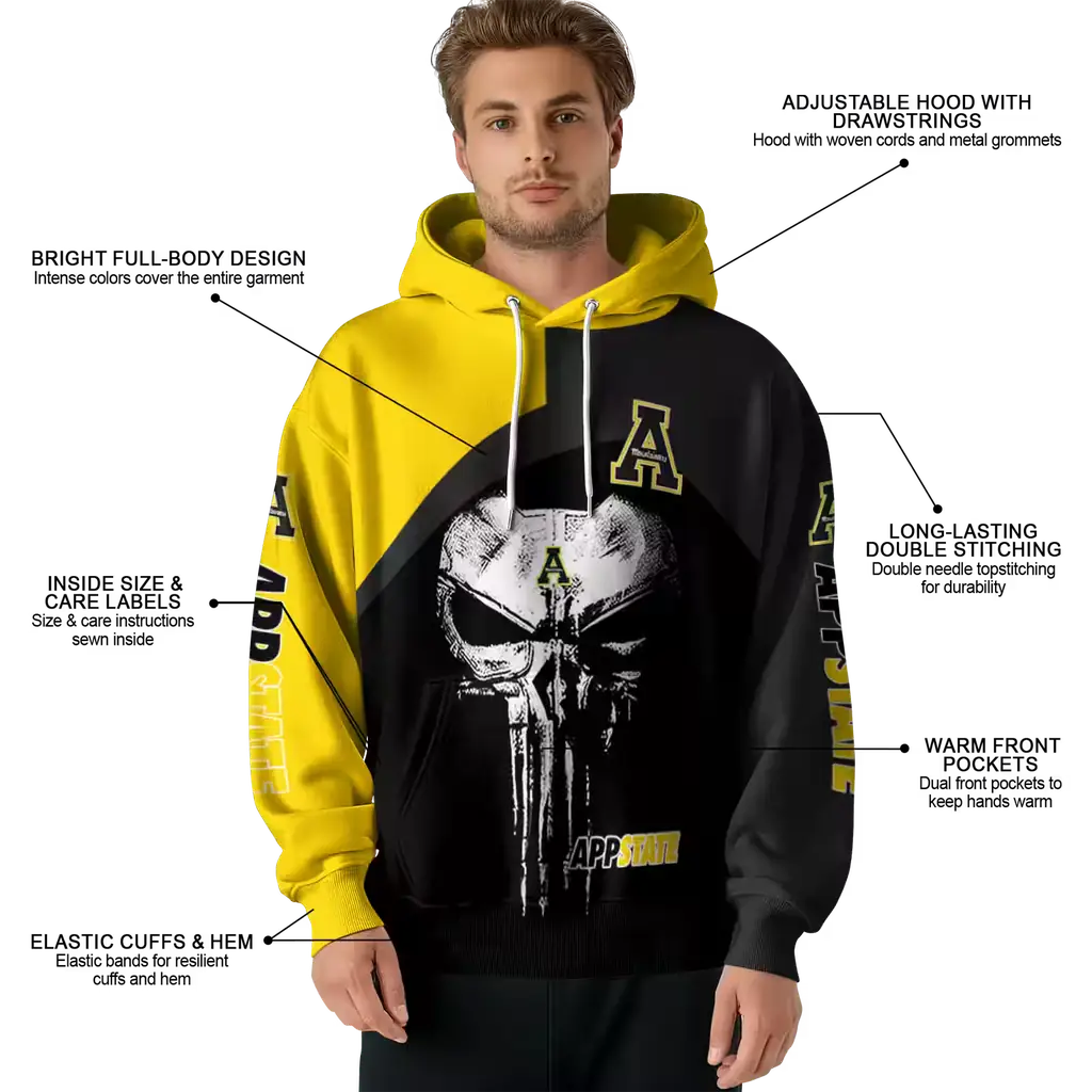 appalachian state mountaineers skull punisher gold black hoodie latest model appalachian state mountaineers skull punisher gold black hoodie latest model