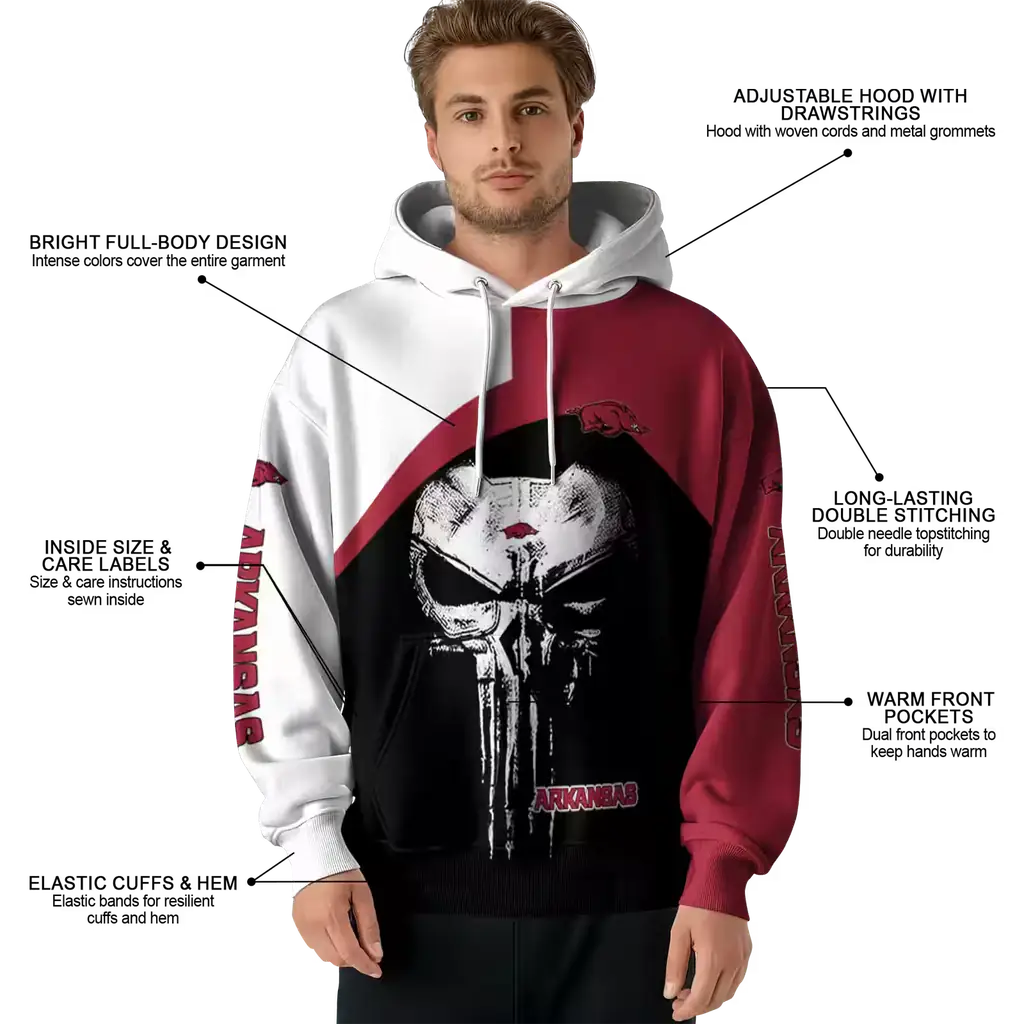 arkansas razorbacks skull punisher white black hoodie latest model arkansas razorbacks skull punisher white black hoodie latest model