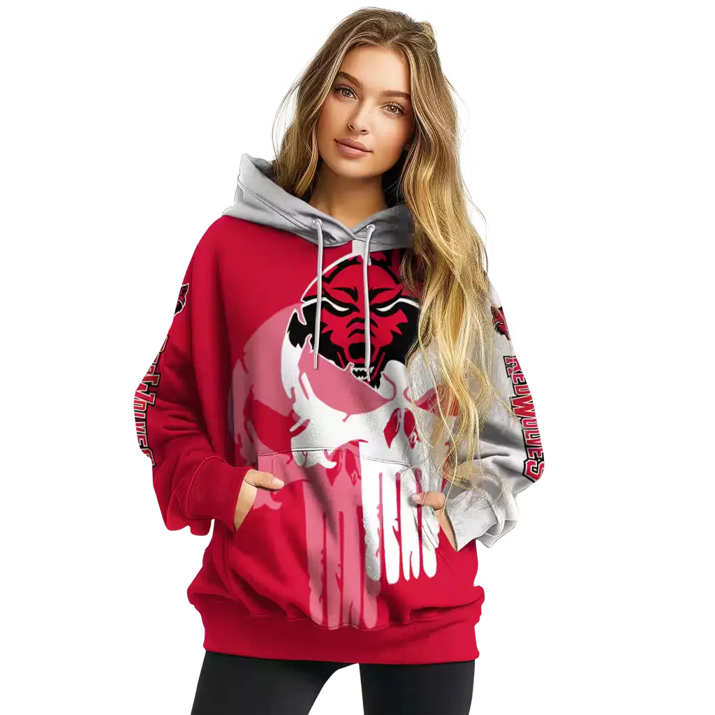 arkansas state red wolves graphic punisher scarlet white hoodie high quality arkansas state red wolves graphic punisher scarlet white hoodie high quality