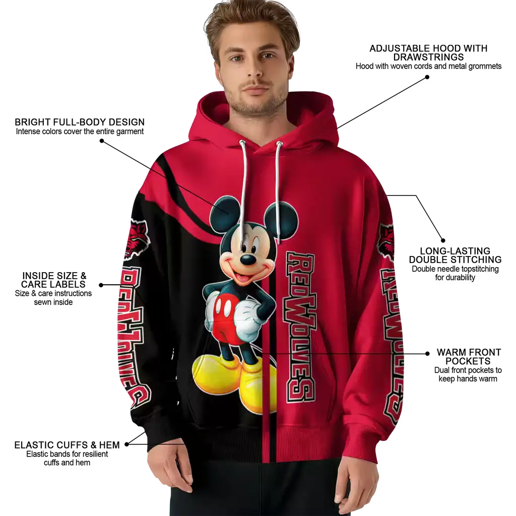 arkansas state red wolves mickey mouse scarlet black hoodie latest model arkansas state red wolves mickey mouse scarlet black hoodie latest model