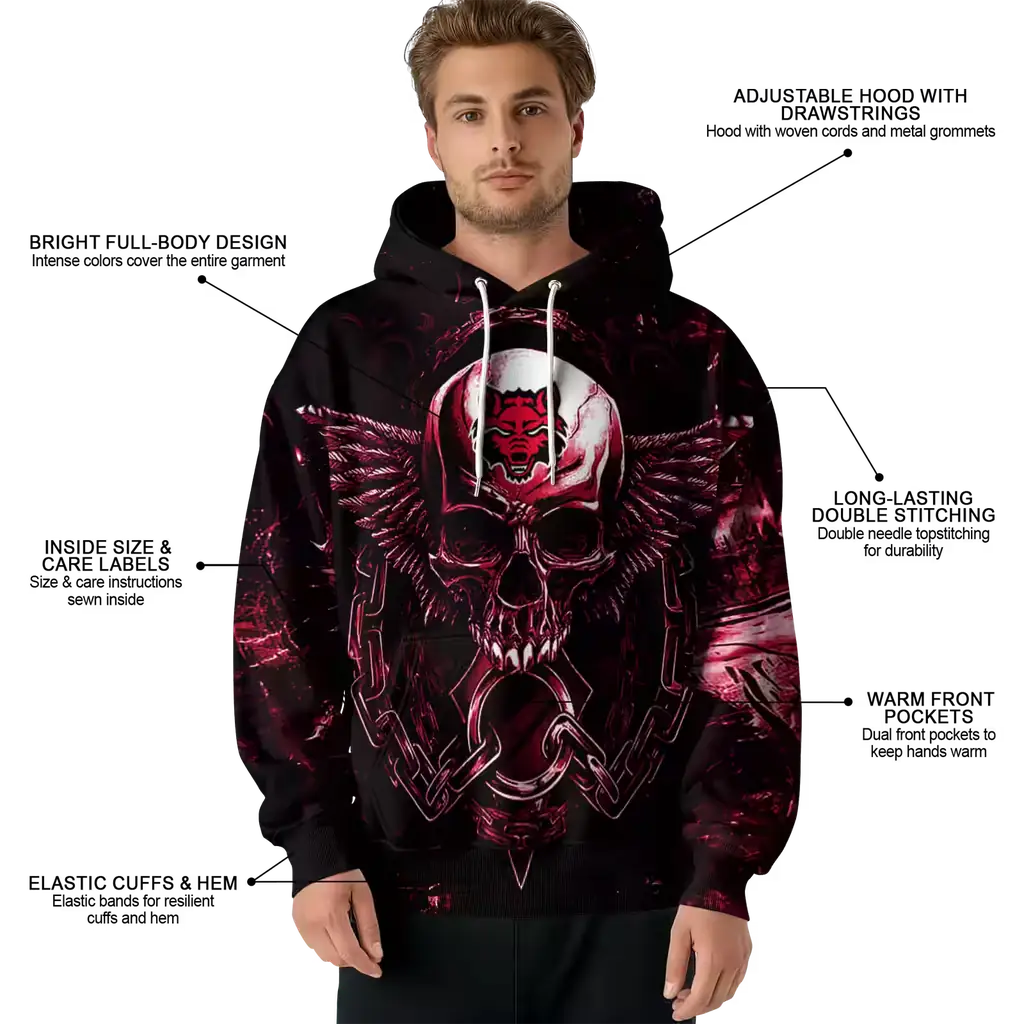 arkansas state red wolves skull artwork scarlet black hoodie latest model arkansas state red wolves skull artwork scarlet black hoodie latest model