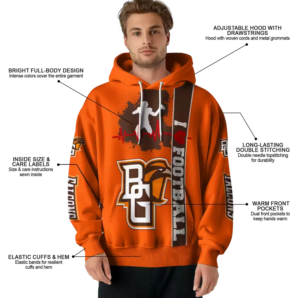 bowling green falcons football heartbeat orange hoodie latest model bowling green falcons football heartbeat orange hoodie latest model