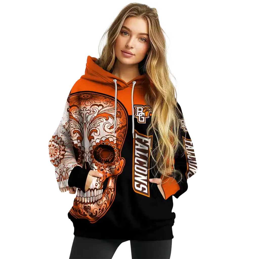bowling green falcons sugar skull orange black hoodie high quality bowling green falcons sugar skull orange black hoodie high quality