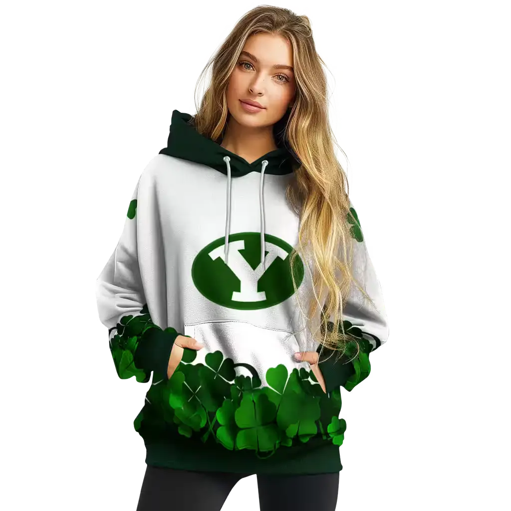 byu cougars lucky motif white green hoodie high quality byu cougars lucky motif white green hoodie high quality