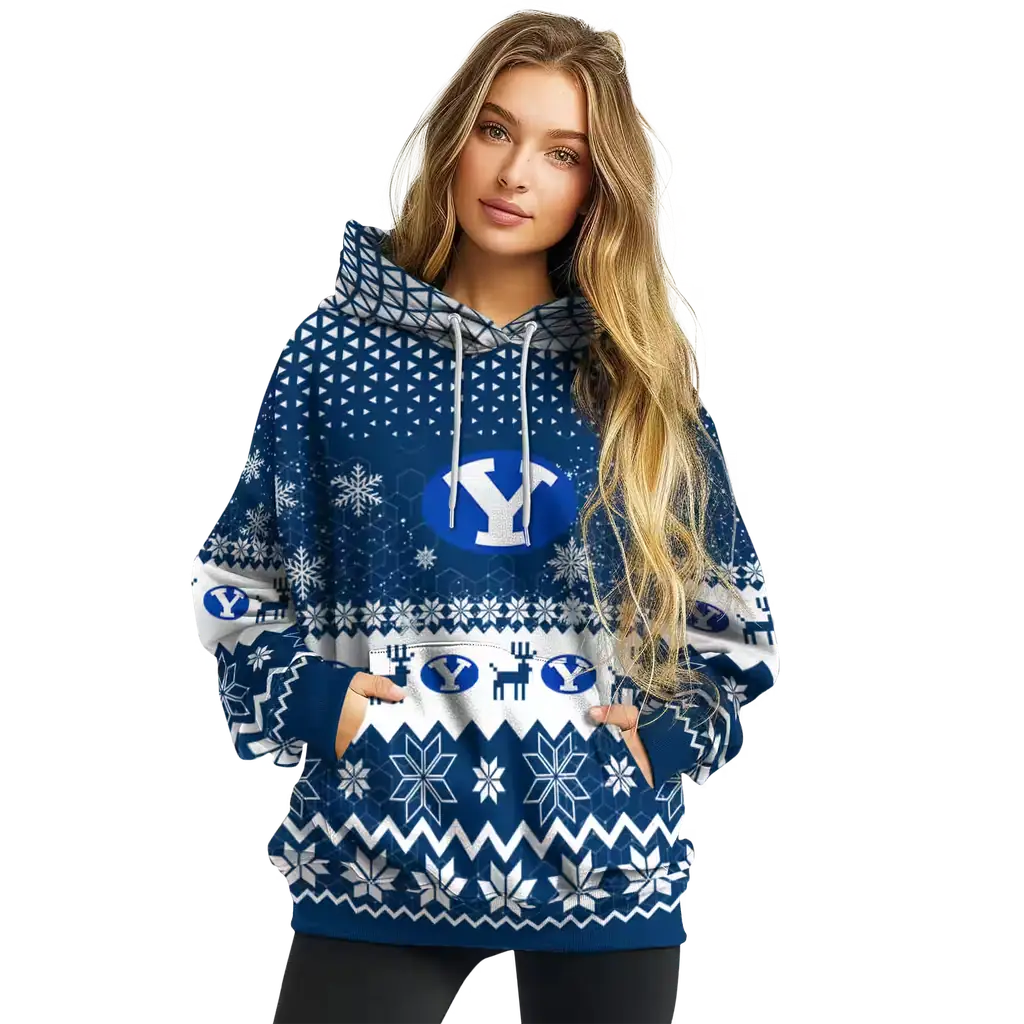 byu cougars reindeer motif blue hoodie high quality byu cougars reindeer motif blue hoodie high quality