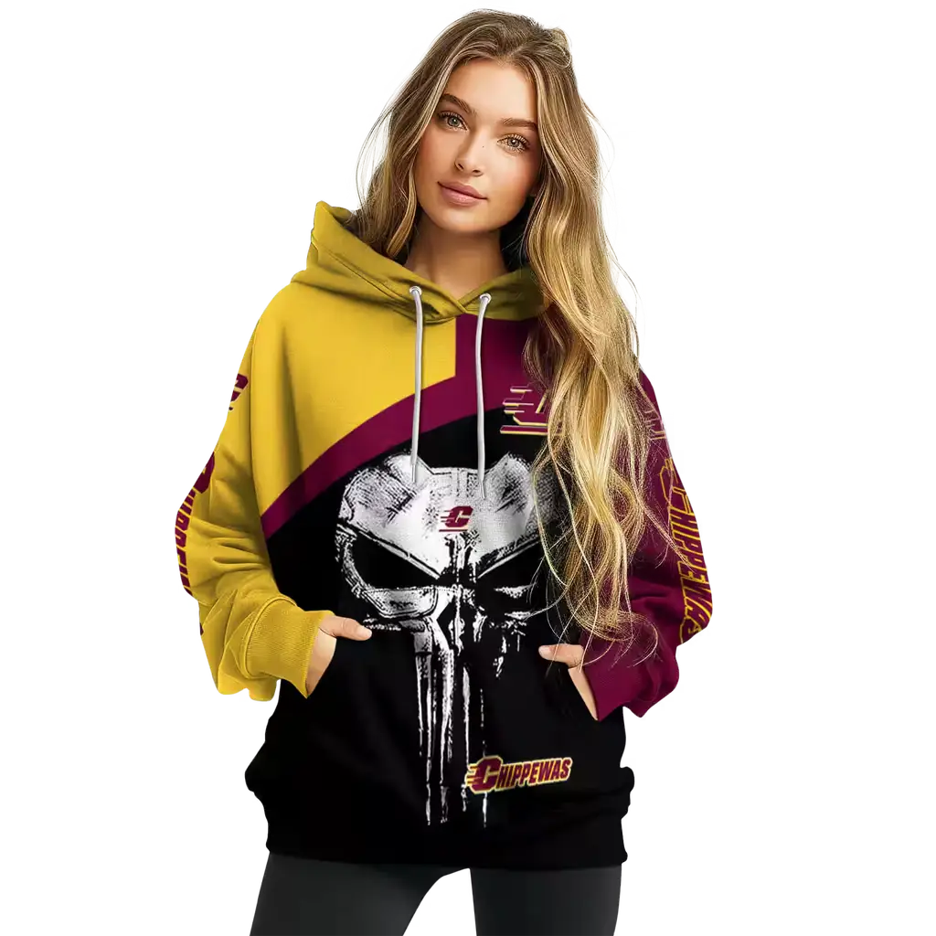 central michigan chippewas skull punisher gold black hoodie high quality central michigan chippewas skull punisher gold black hoodie high quality