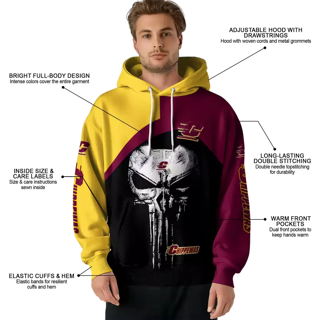 central michigan chippewas skull punisher gold black hoodie latest model central michigan chippewas skull punisher gold black hoodie latest model