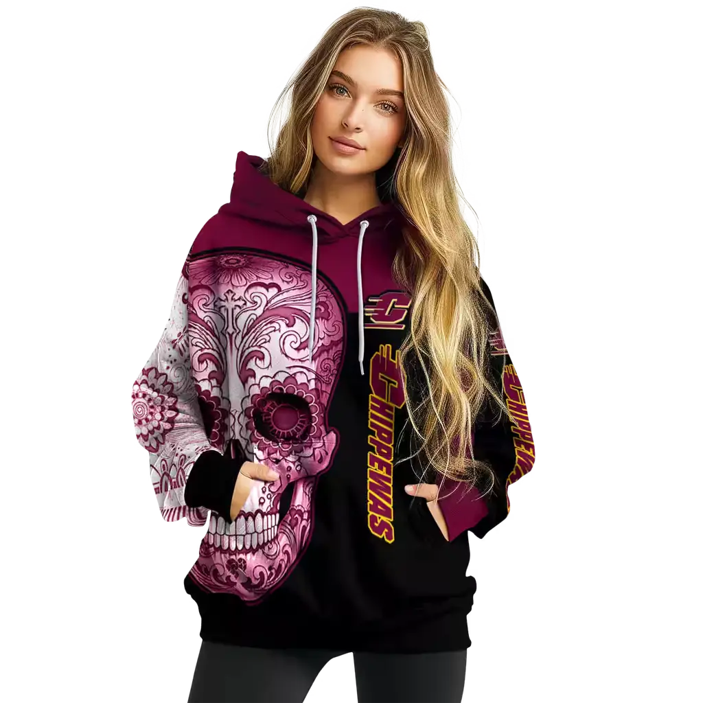 central michigan chippewas sugar skull maroon black hoodie high quality central michigan chippewas sugar skull maroon black hoodie high quality