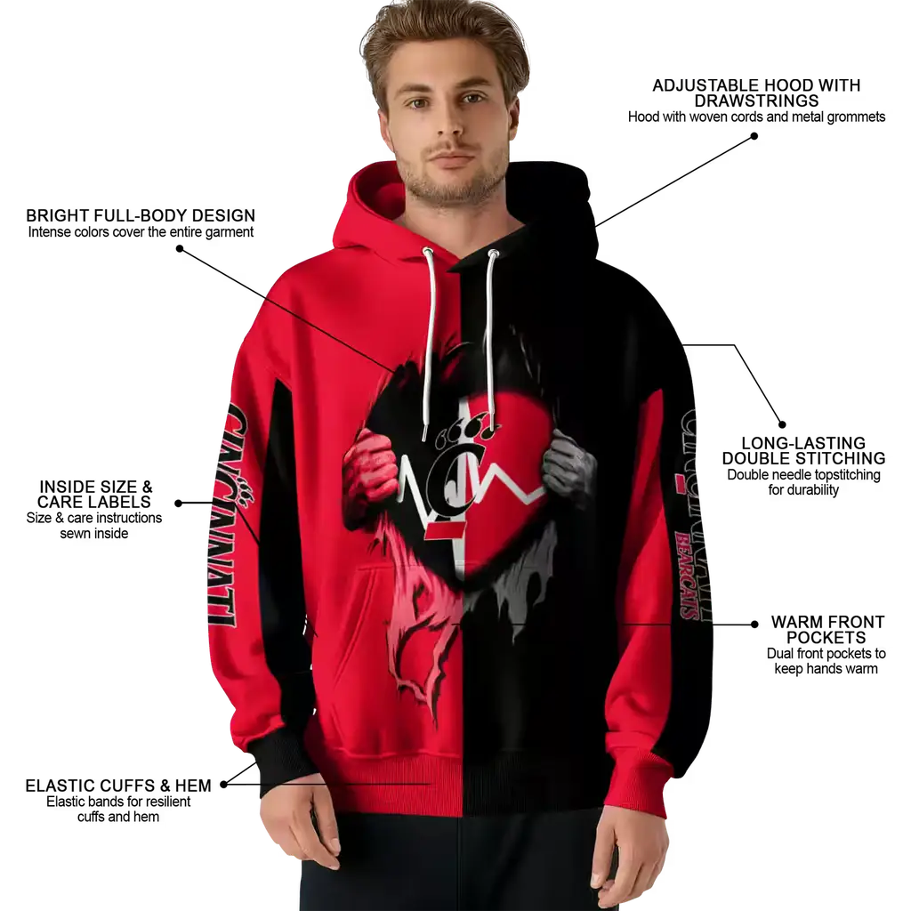 cincinnati bearcats heartbeat graphic red hoodie latest model cincinnati bearcats heartbeat graphic red hoodie latest model