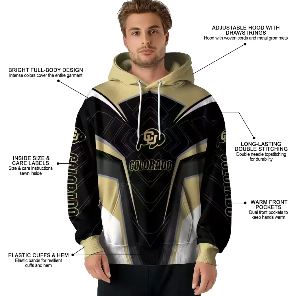 colorado buffaloes futuristic pattern gold black hoodie latest model colorado buffaloes futuristic pattern gold black hoodie latest model