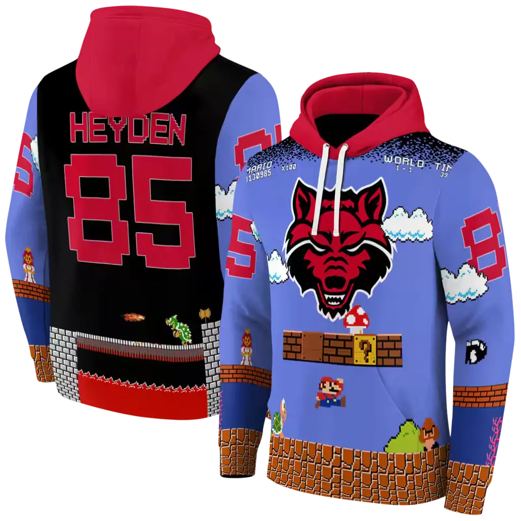 custom arkansas state red wolves mario blue black hoodie fashion forward custom arkansas state red wolves mario blue black hoodie fashion forward