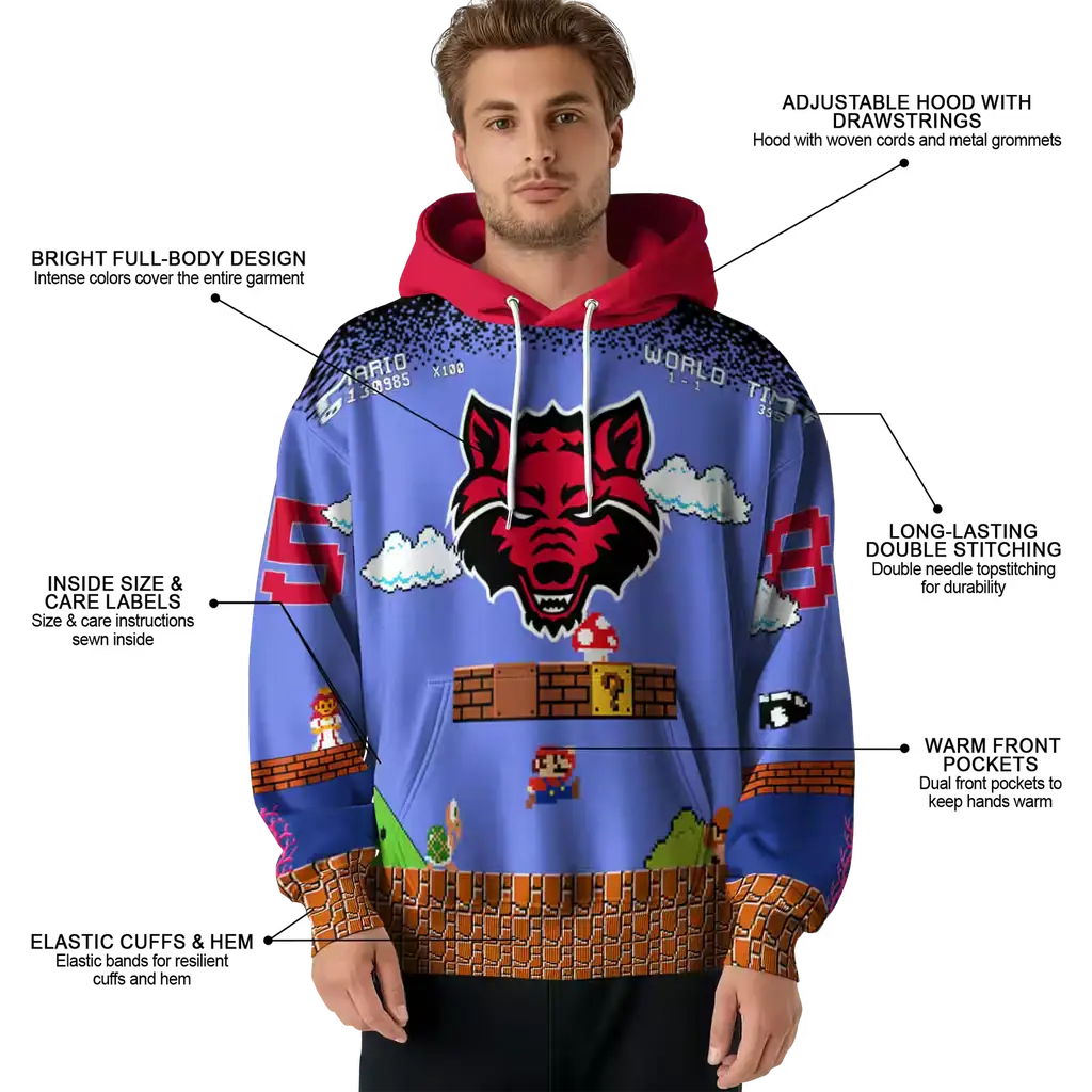 custom arkansas state red wolves mario blue black hoodie latest model custom arkansas state red wolves mario blue black hoodie latest model
