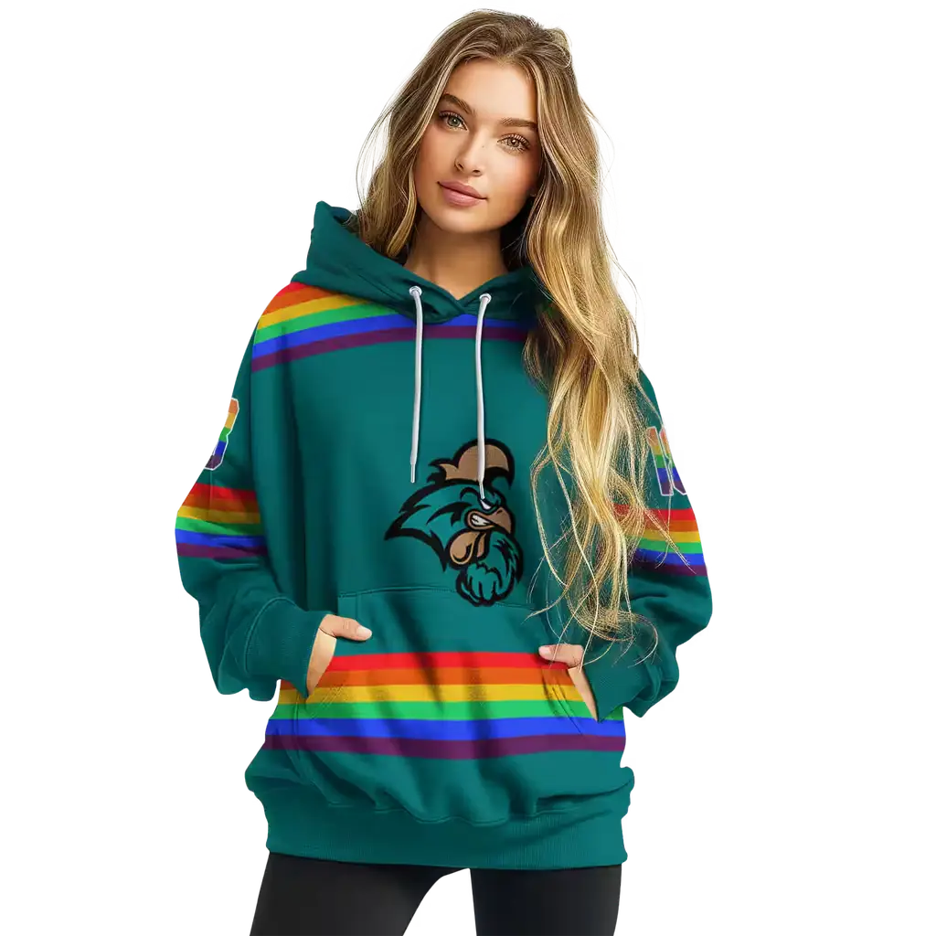 custom coastal carolina chanticleers rainbow stripes green hoodie high quality custom coastal carolina chanticleers rainbow stripes green hoodie high quality