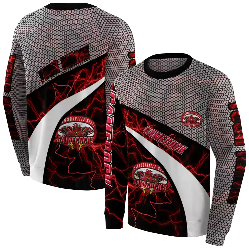 custom jacksonville state gamecocks hexagonal mesh red black gray hoodie premium grade custom jacksonville state gamecocks hexagonal mesh red black gray hoodie premium grade