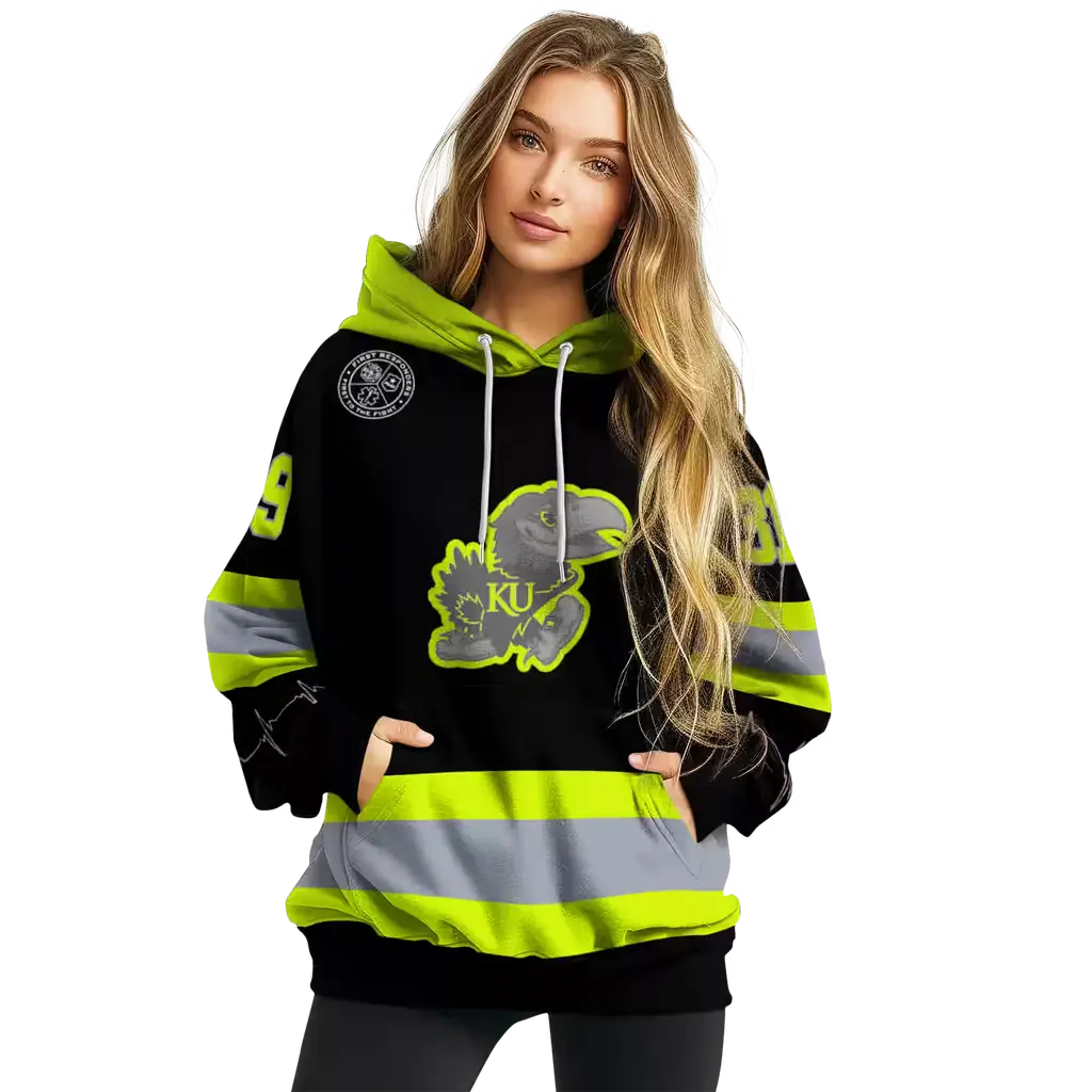 custom kansas jayhawks safety motif black neon green hoodie high quality custom kansas jayhawks safety motif black neon green hoodie high quality