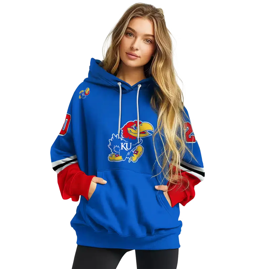 custom kansas jayhawks striped sleeves blue hoodie high quality custom kansas jayhawks striped sleeves blue hoodie high quality
