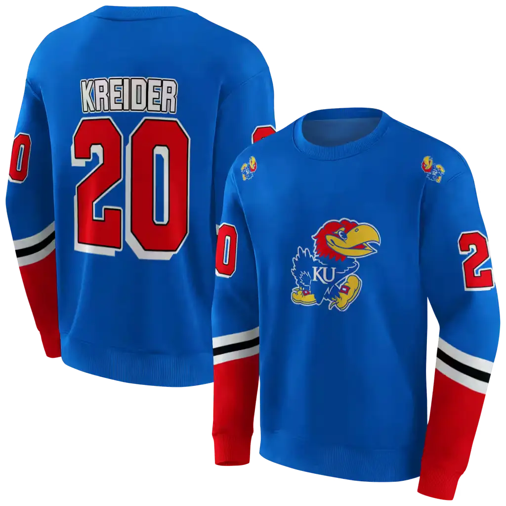 custom kansas jayhawks striped sleeves blue hoodie premium grade custom kansas jayhawks striped sleeves blue hoodie premium grade