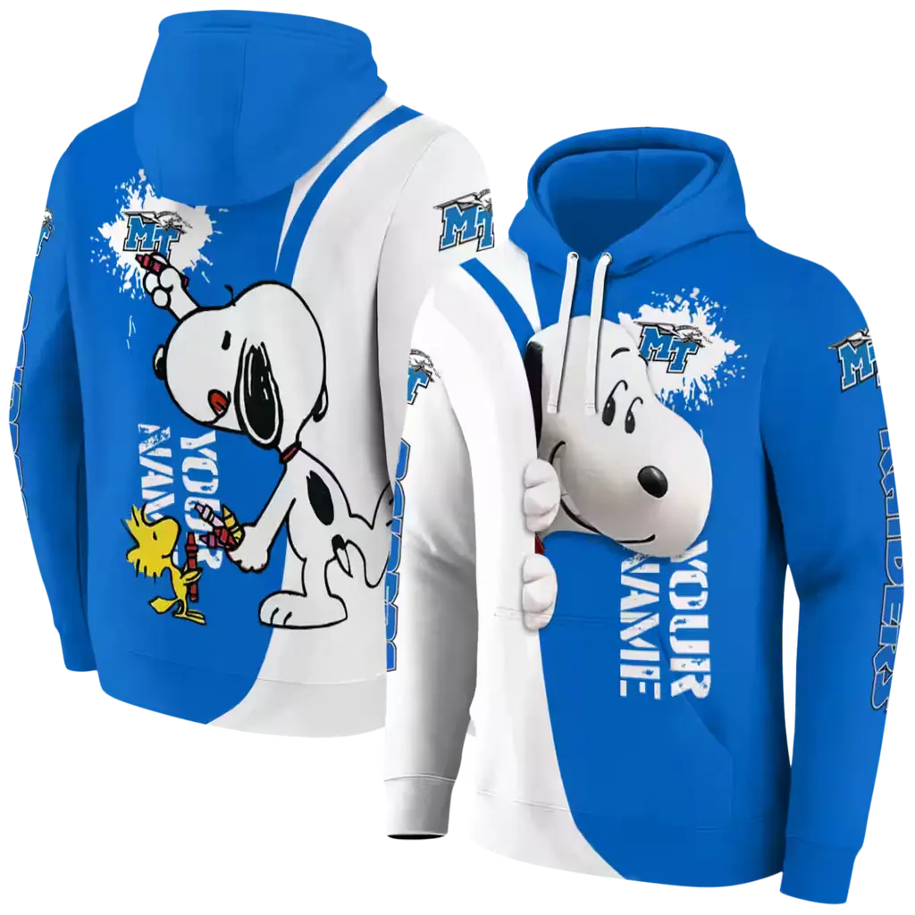 custom middle tennessee blue raiders peeking snoopy blue hoodie fashion forward custom middle tennessee blue raiders peeking snoopy blue hoodie fashion forward