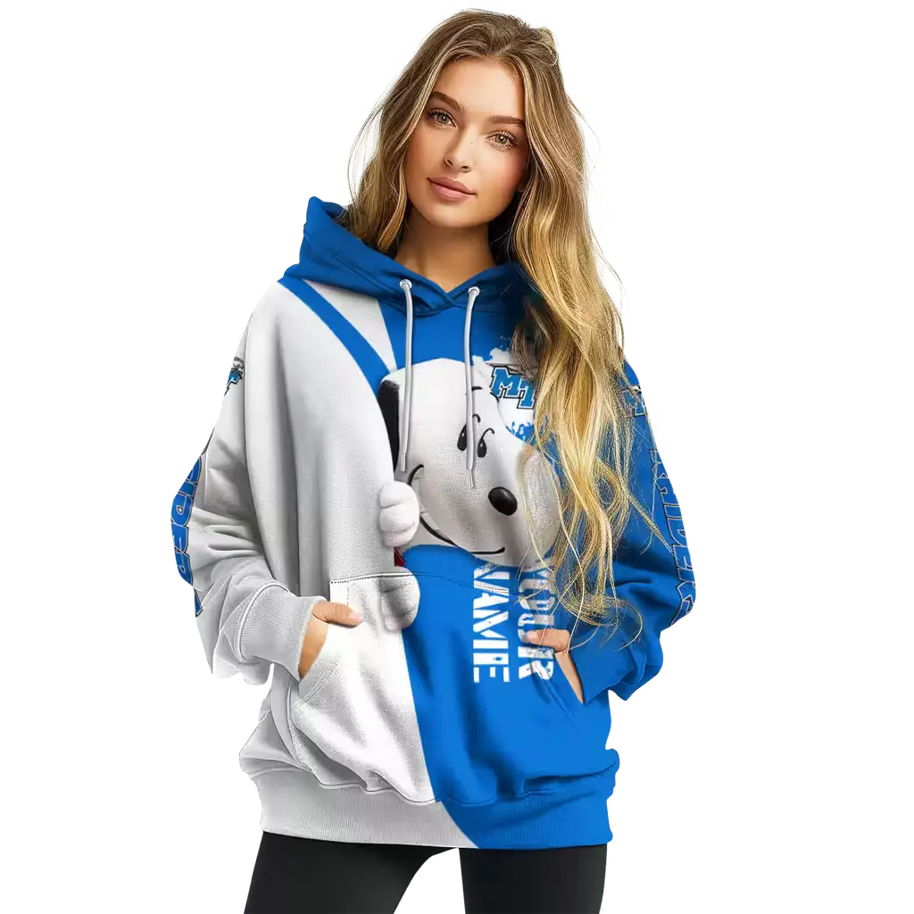 custom middle tennessee blue raiders peeking snoopy blue hoodie high quality custom middle tennessee blue raiders peeking snoopy blue hoodie high quality