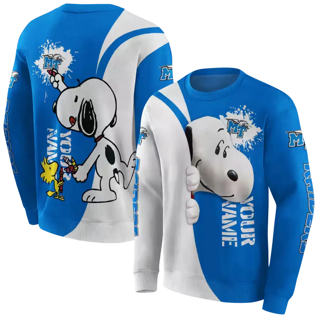 custom middle tennessee blue raiders peeking snoopy blue hoodie premium grade custom middle tennessee blue raiders peeking snoopy blue hoodie premium grade