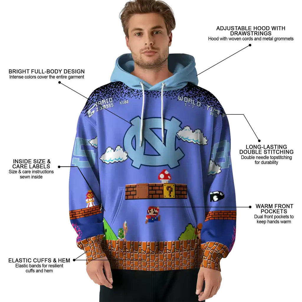 custom north carolina tar heels mario blue black hoodie latest model custom north carolina tar heels mario blue black hoodie latest model