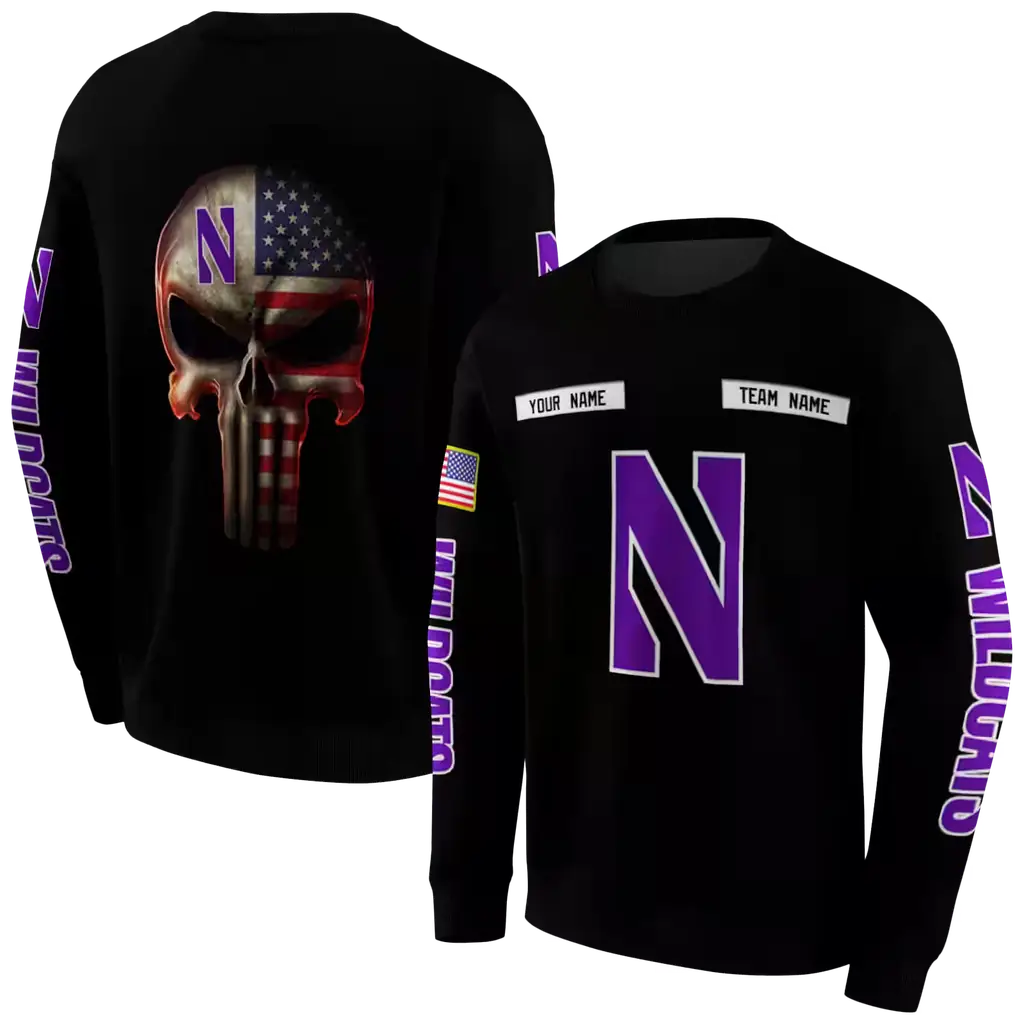 custom northwestern wildcats punisher skull black hoodie premium grade custom northwestern wildcats punisher skull black hoodie premium grade