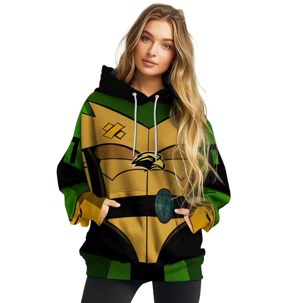 custom southern miss golden eagles superhero armor black green hoodie high quality custom southern miss golden eagles superhero armor black green hoodie high quality
