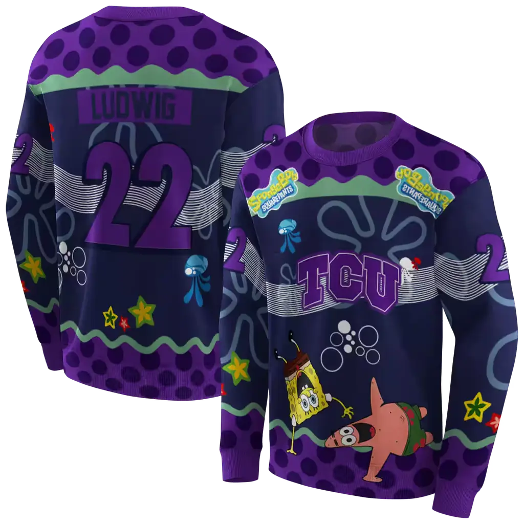 custom tcu horned frogs spongebob patrick star purple navy hoodie premium grade custom tcu horned frogs spongebob patrick star purple navy hoodie premium grade